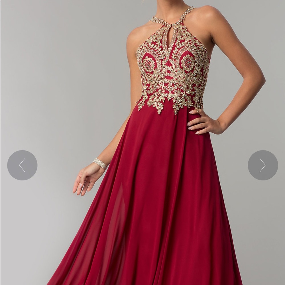 Chiffon Long Prom Dress, burgundy and gold.